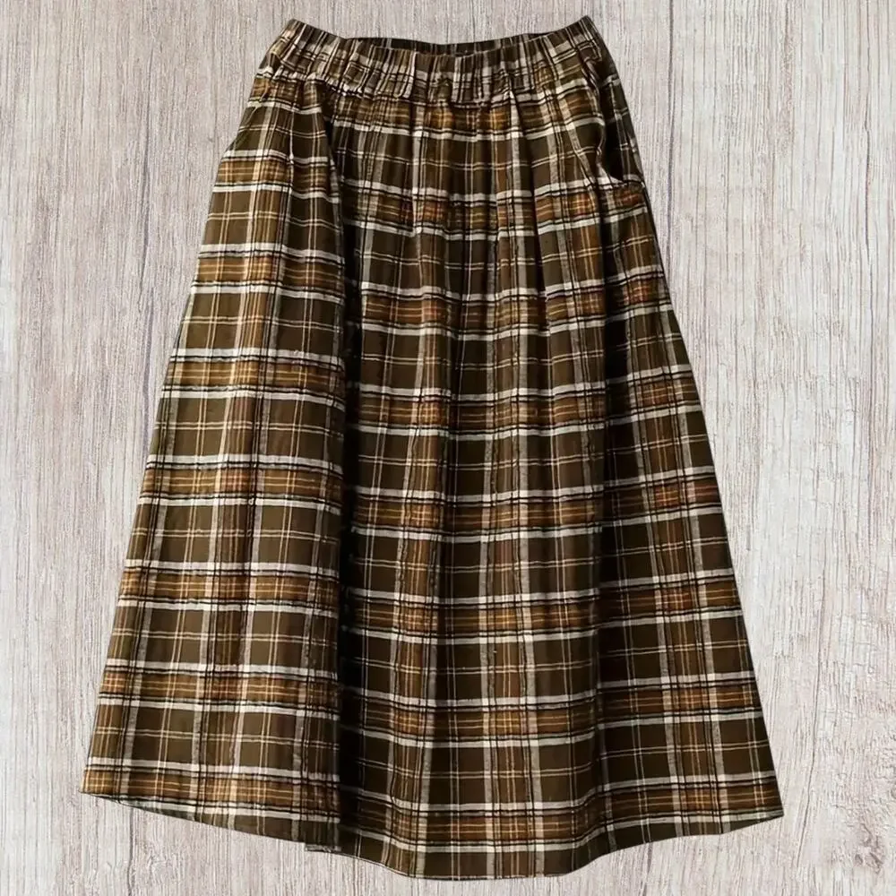 Brown Plaid ALine Midi Skirt Pockets S, M, L, XL Lagenlook Oversize Gathered NWT